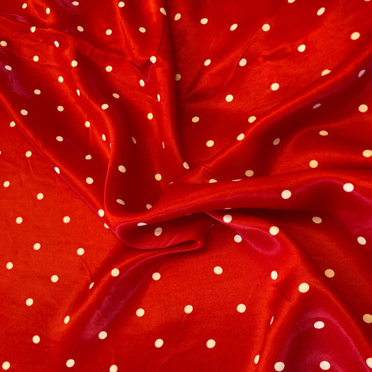 Red on White Polka Dot Viscose Satin Remnant - 2m