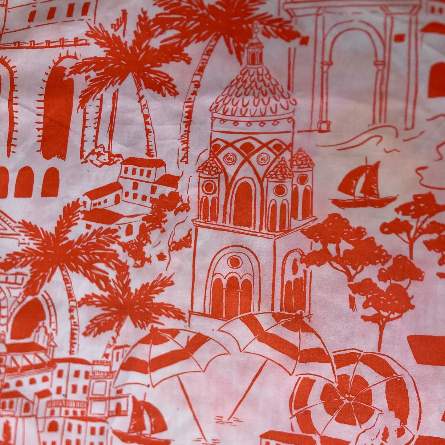 Amalfi Coast Holiday Print Cotton in Orange on White