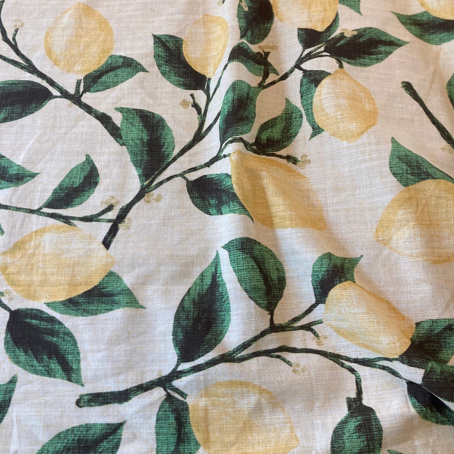 Linen Look Lemons with Green Leaves on Yellow Cotton Remnant - 2.3m
