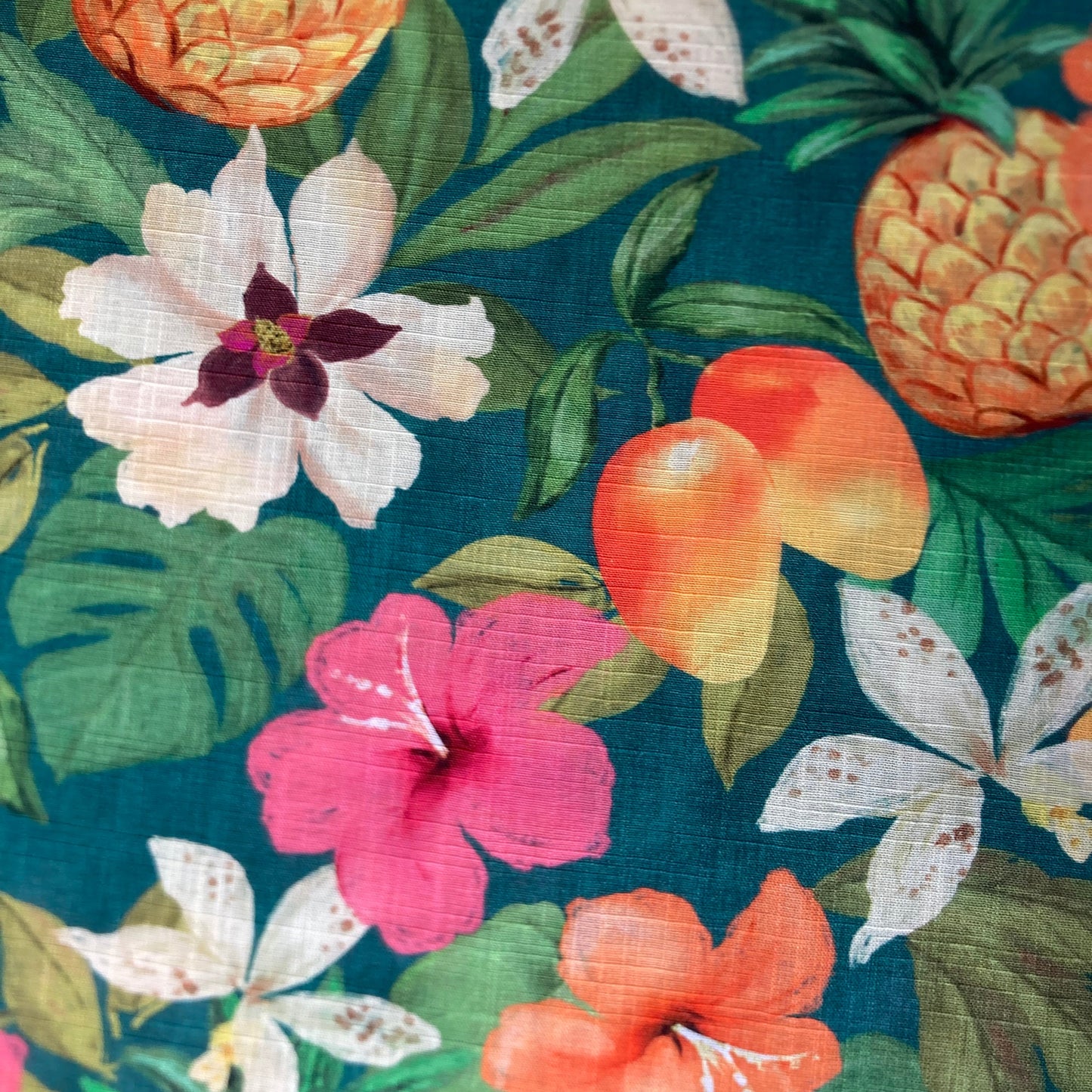 Pineapple and Guava Flower Cotton Viscose in Pink and Orange on Green