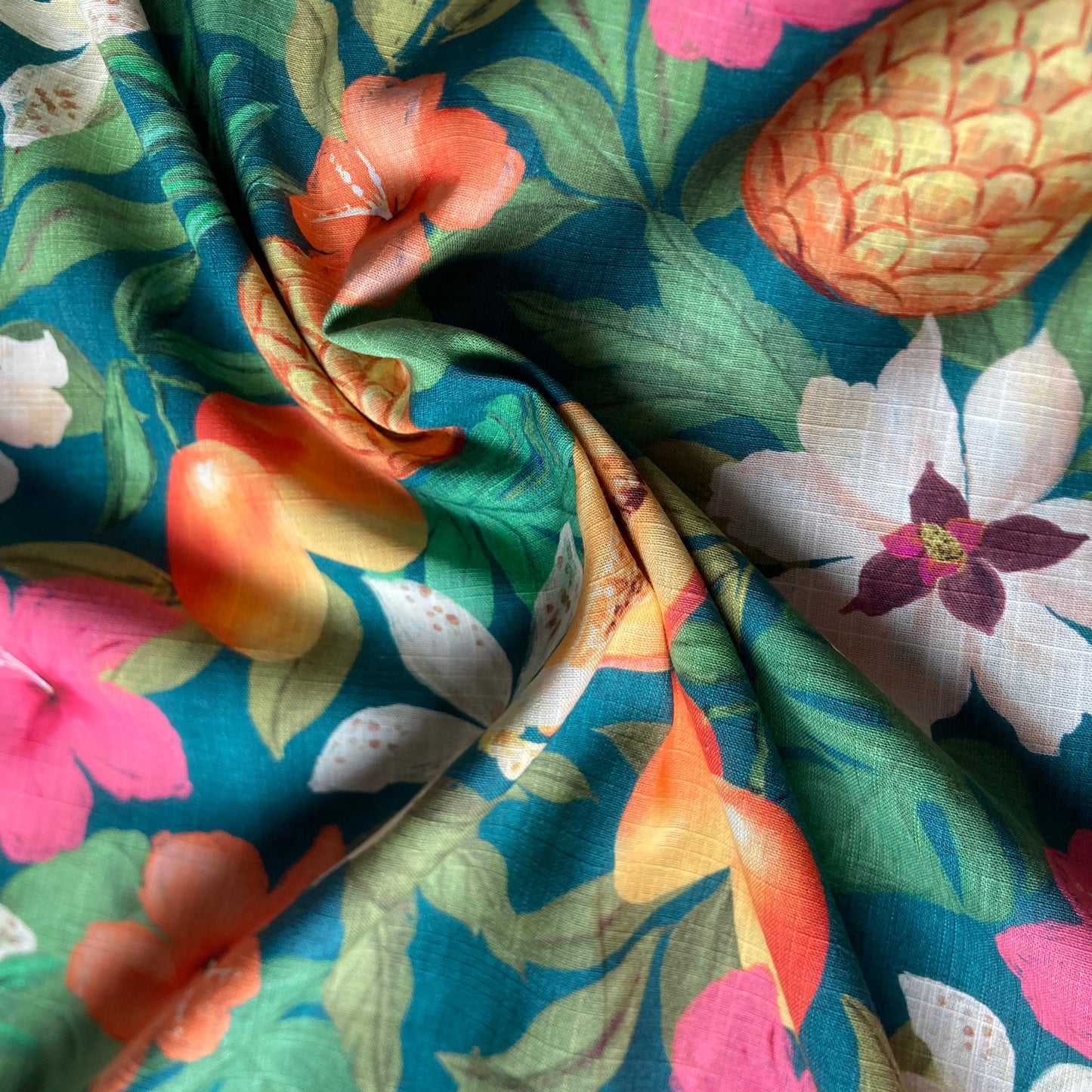 Pineapple and Guava Flower Cotton Viscose in Pink and Orange on Green