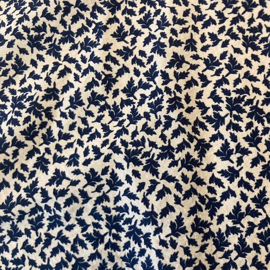 Tiny Leaf Print in Navy Blue on Cream Cotton Remnant - 2.1m