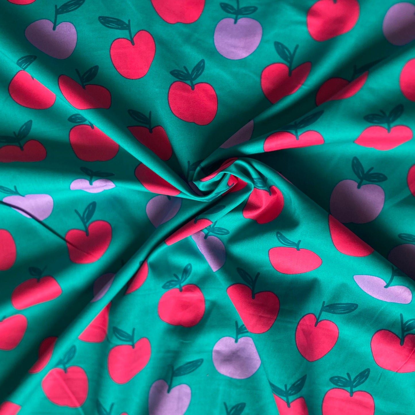Apples Cotton in Lilac and Red on Teal Green
