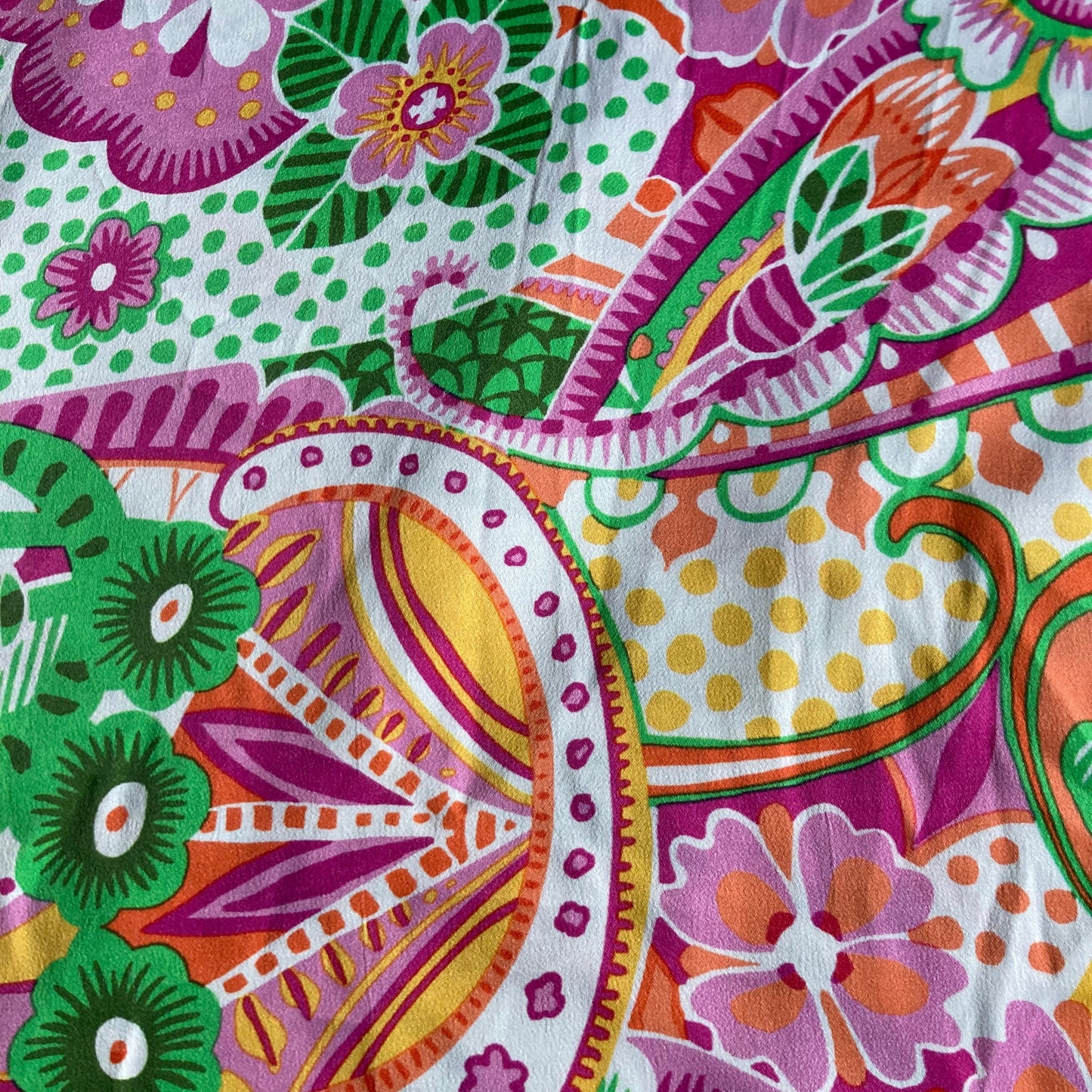 Abstract Heart and Floral Print in Pink and Green on White Viscose Satin Remnant - 4.25m
