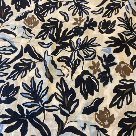Paint Style Flowers and Leaves Cotton Poplin in Navy Blue and Brown on White Remnant - 4m