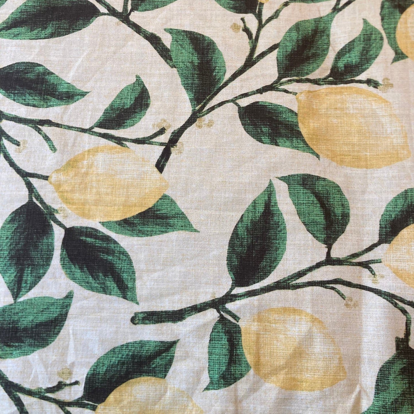 Linen Look Lemons with Green Leaves on Yellow Cotton Remnant - 2.3m