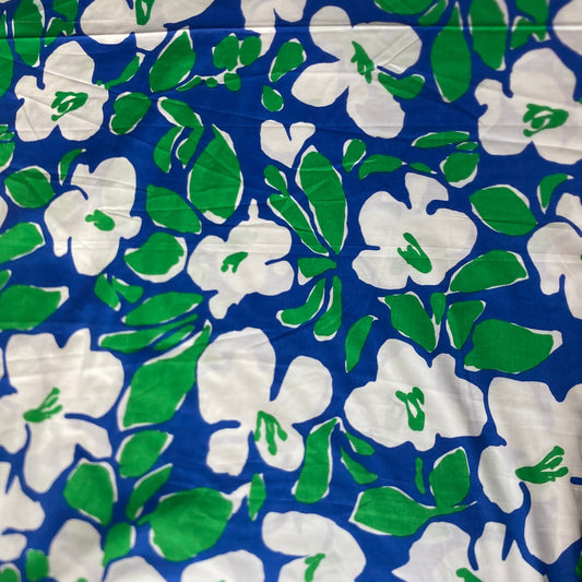 Abstract Floral Cotton in White and Green on Blue