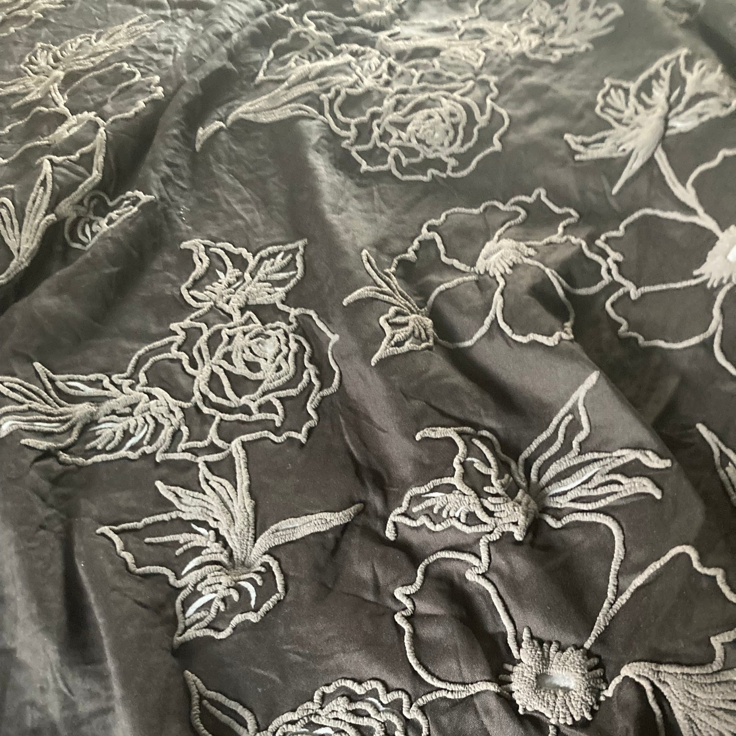 Grey Rubber Flower Design on a Black Cotton Background Remnant - 3.2m
