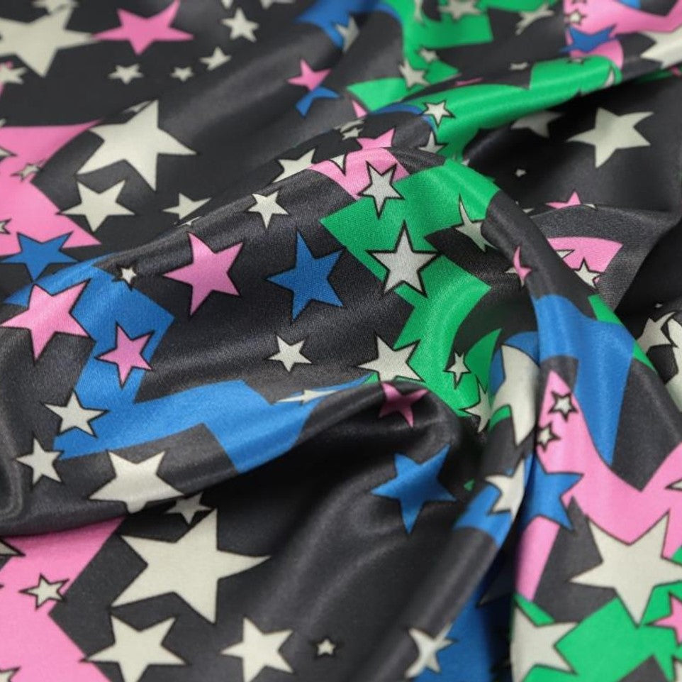 Fabric Godmother Dazzle Viscose Satin Denim in Green Blue and Pink on Black