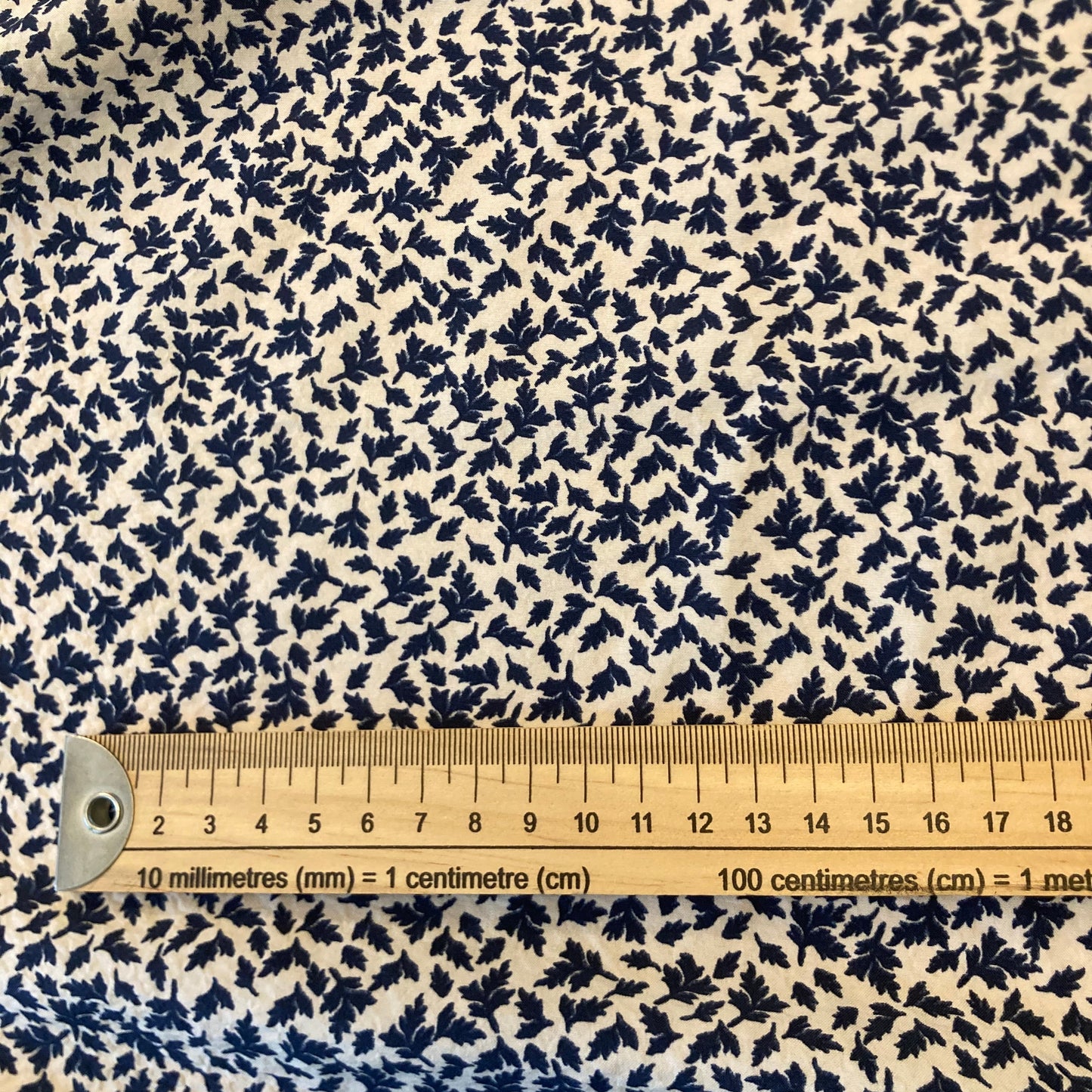 Tiny Leaf Print in Navy Blue on Cream Cotton Remnant - 2.1m