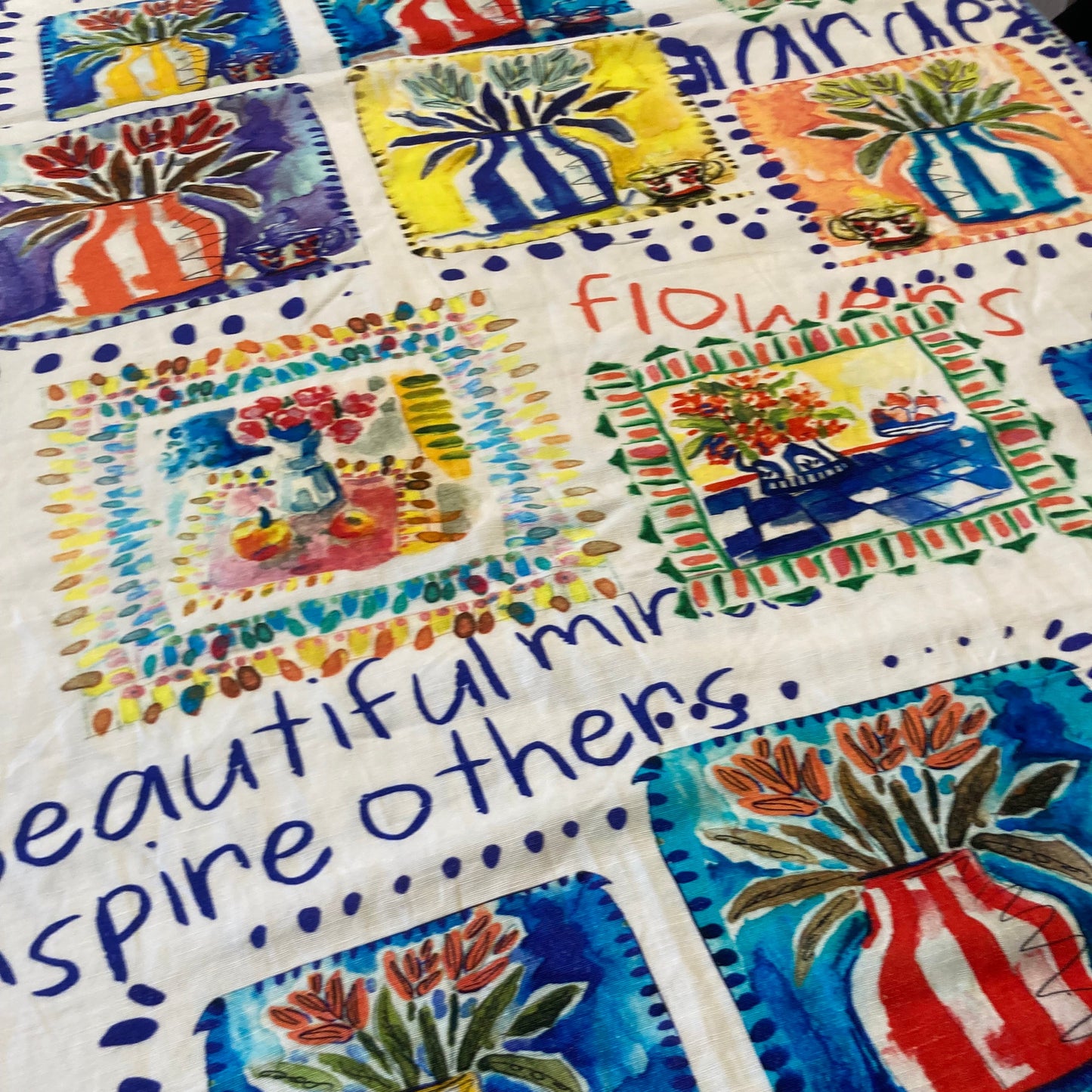 Holiday Flower Tiles on White Cotton Viscose Linen Remnant - 2.6m