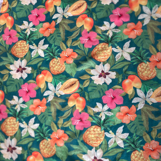 Pineapple and Guava Flower Linen Viscose in Pink and Orange on Green