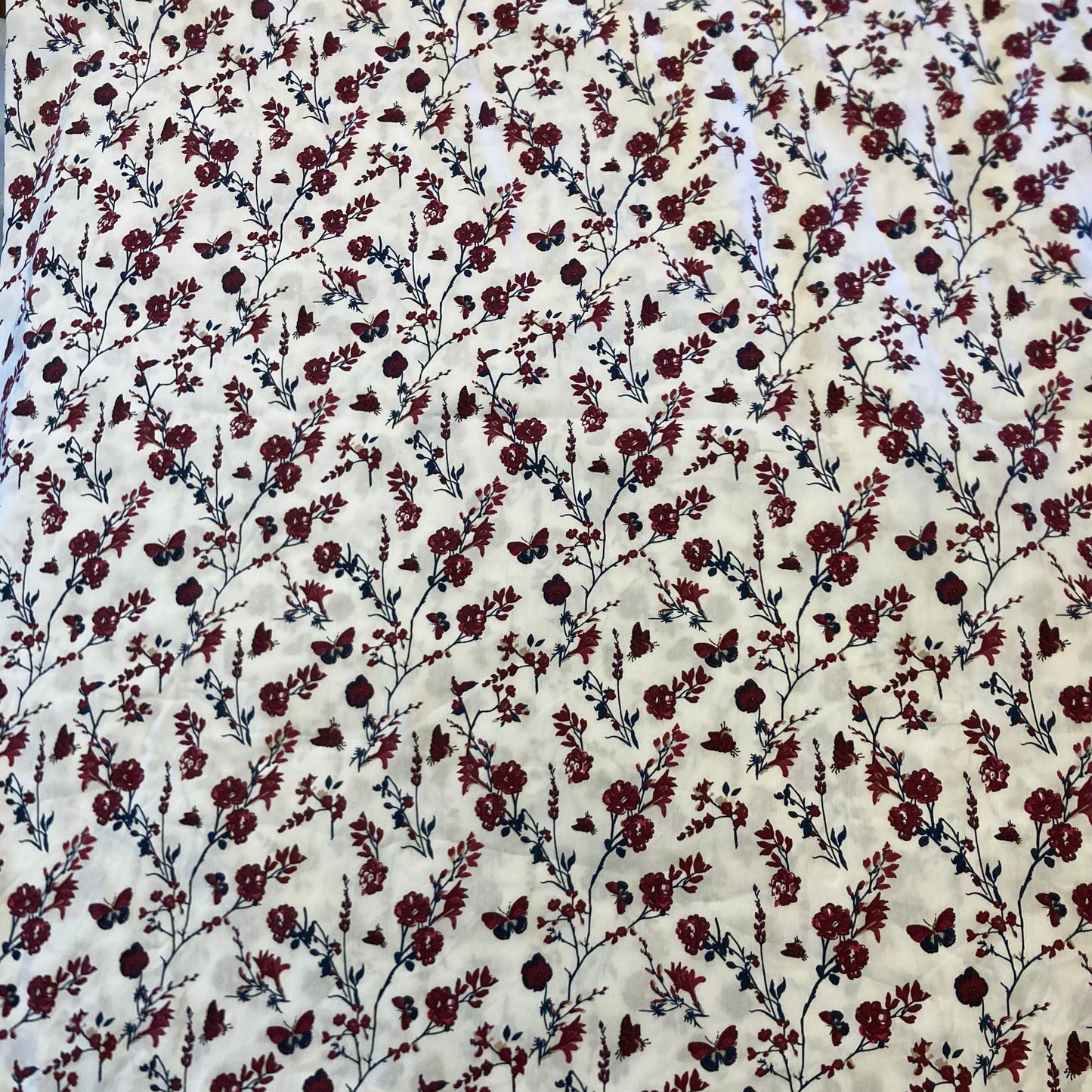 Ditsy Floral Print Stretch Cotton in Burgundy and Blue on White Remnant - 2.25m