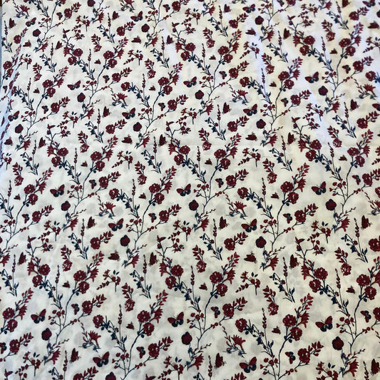 Ditsy Floral Print Stretch Cotton in Burgundy and Blue on White Remnant - 2.25m