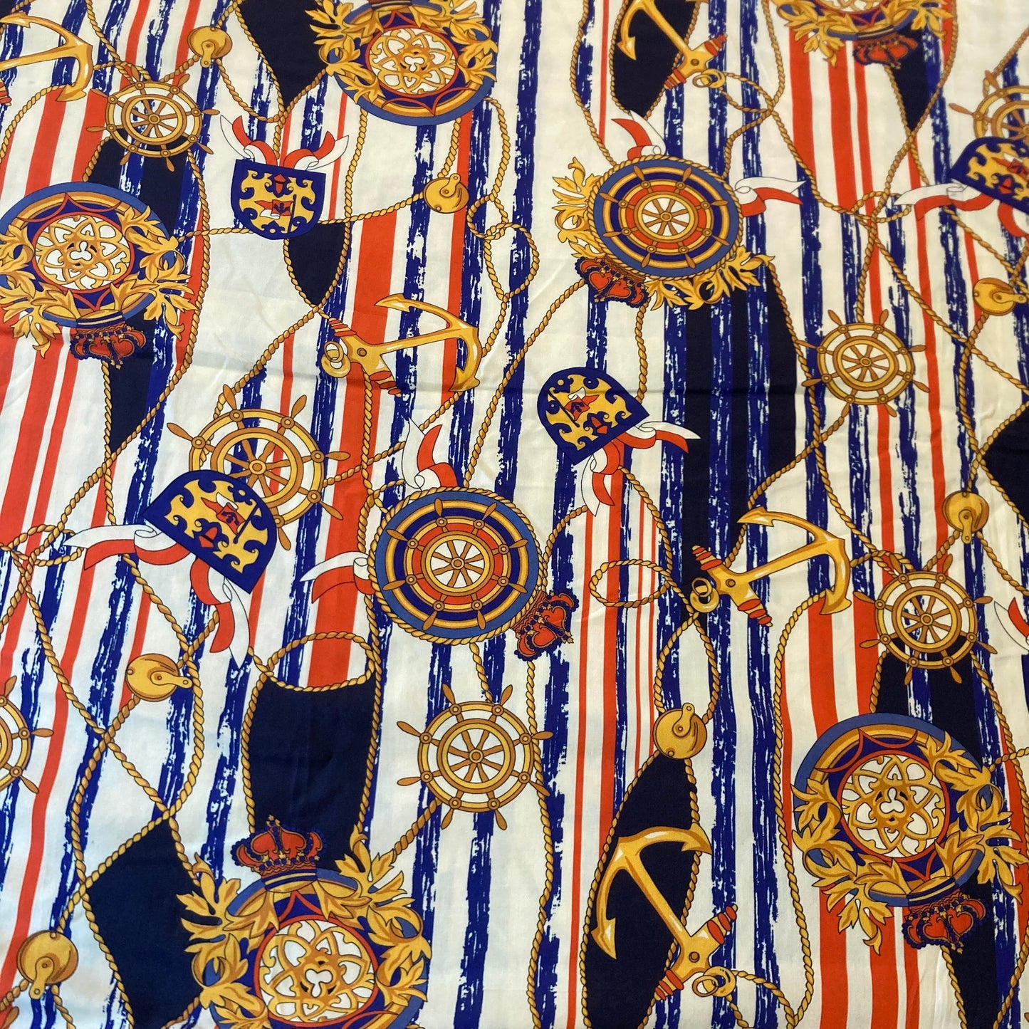 Anchors and Ropes Cotton Viscose in Red and Blue on Cream Remnant 3.65m