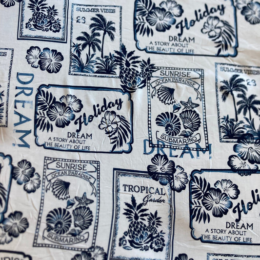 Holiday Tiles Print in Navy Blue on White Viscose Remnant - 4.75m