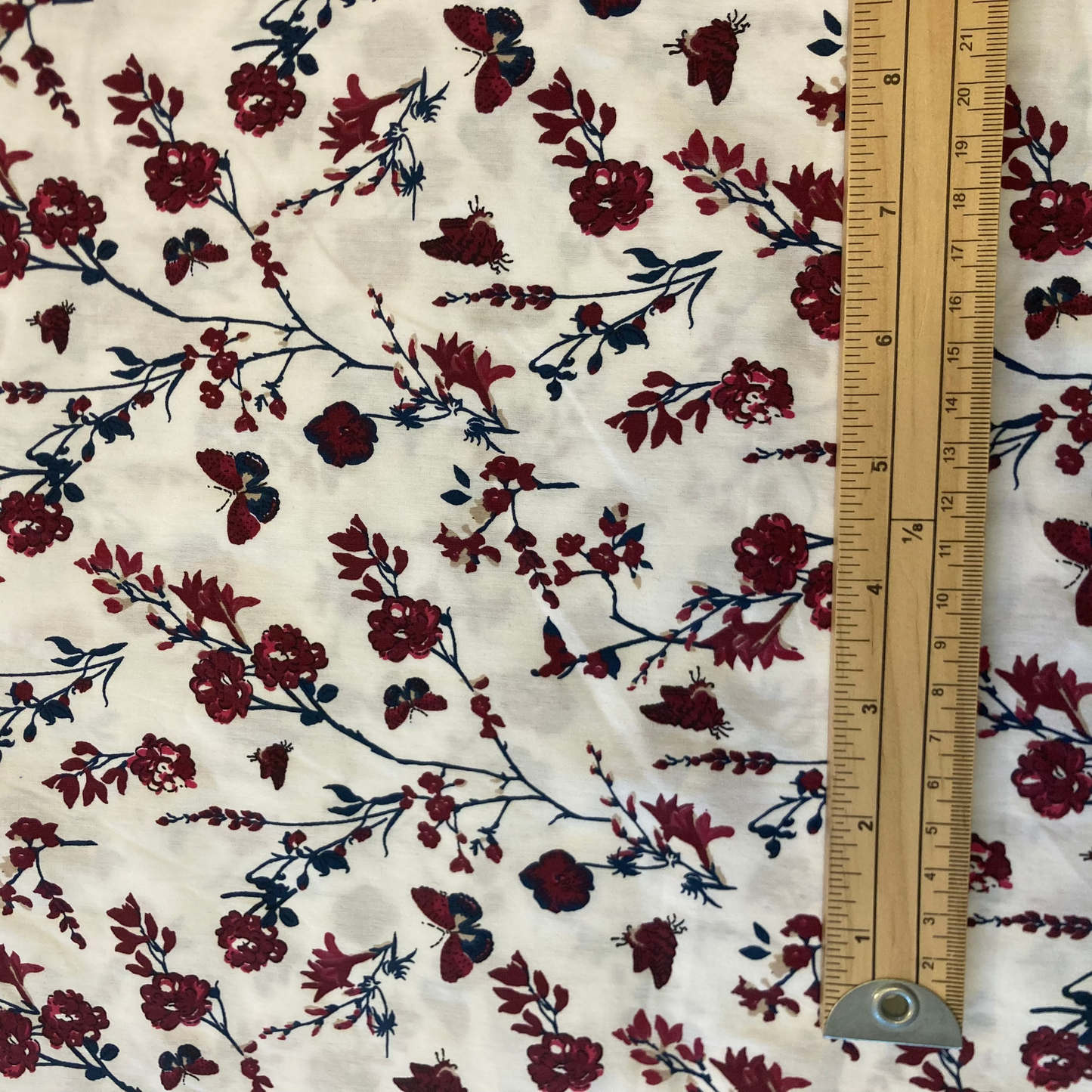 Ditsy Floral Print Stretch Cotton in Burgundy and Blue on White Remnant - 2.25m