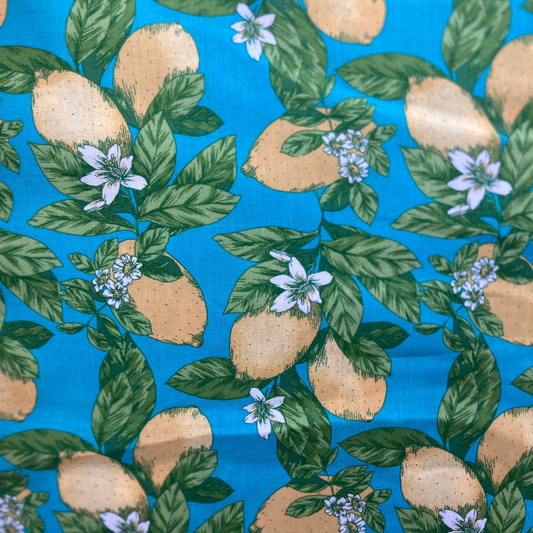 Lemons and Flowers Viscose Cotton in Turquoise and Yellow