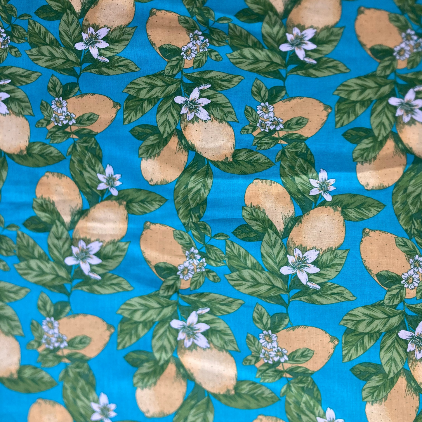 Lemons and Flowers Viscose Cotton in Turquoise and Yellow