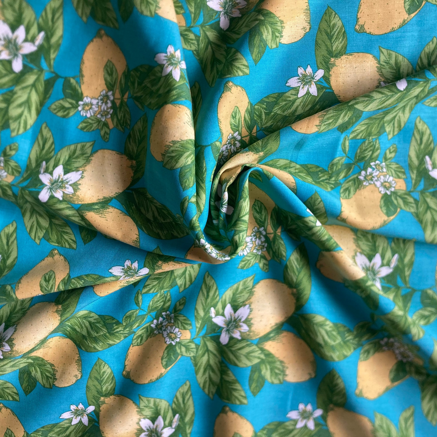 Lemons and Flowers Viscose Cotton in Turquoise and Yellow