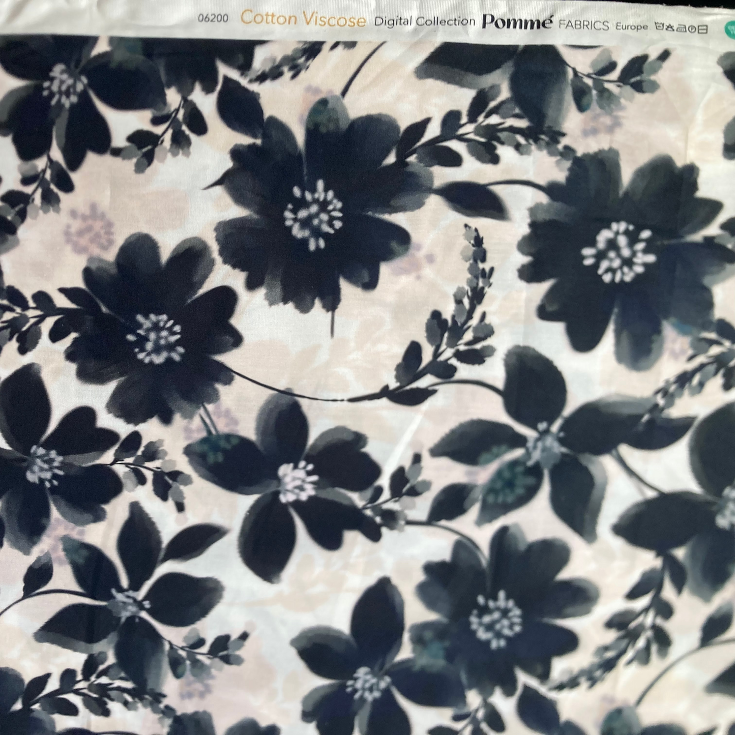 Flowers Cotton Viscose Sateen in Black and Cream