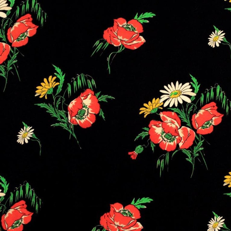 Fabric Godmother Poppy Floral Viscose Crepe in Red and Black Remnant