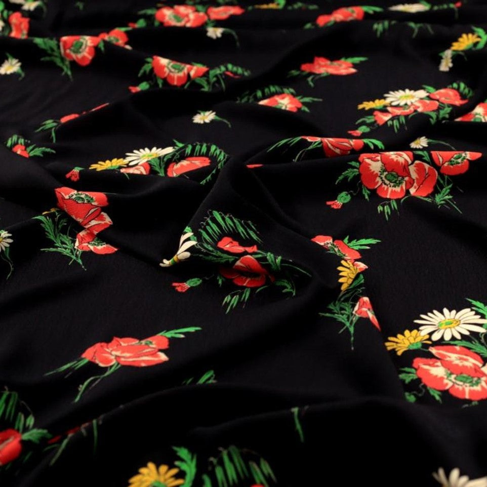 Fabric Godmother Poppy Floral Viscose Crepe in Red and Black Remnant