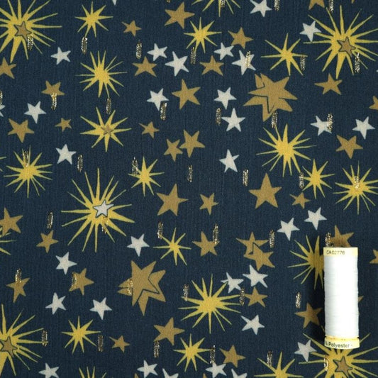 Fabric Godmother Cosmos Dobby Viscose in Navy and Gold