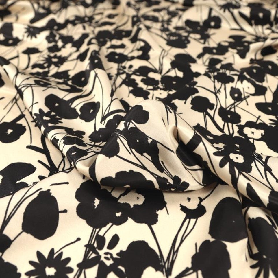 Fabric Godmother Bonnie Viscose Sateen in Cream and Black Remnant