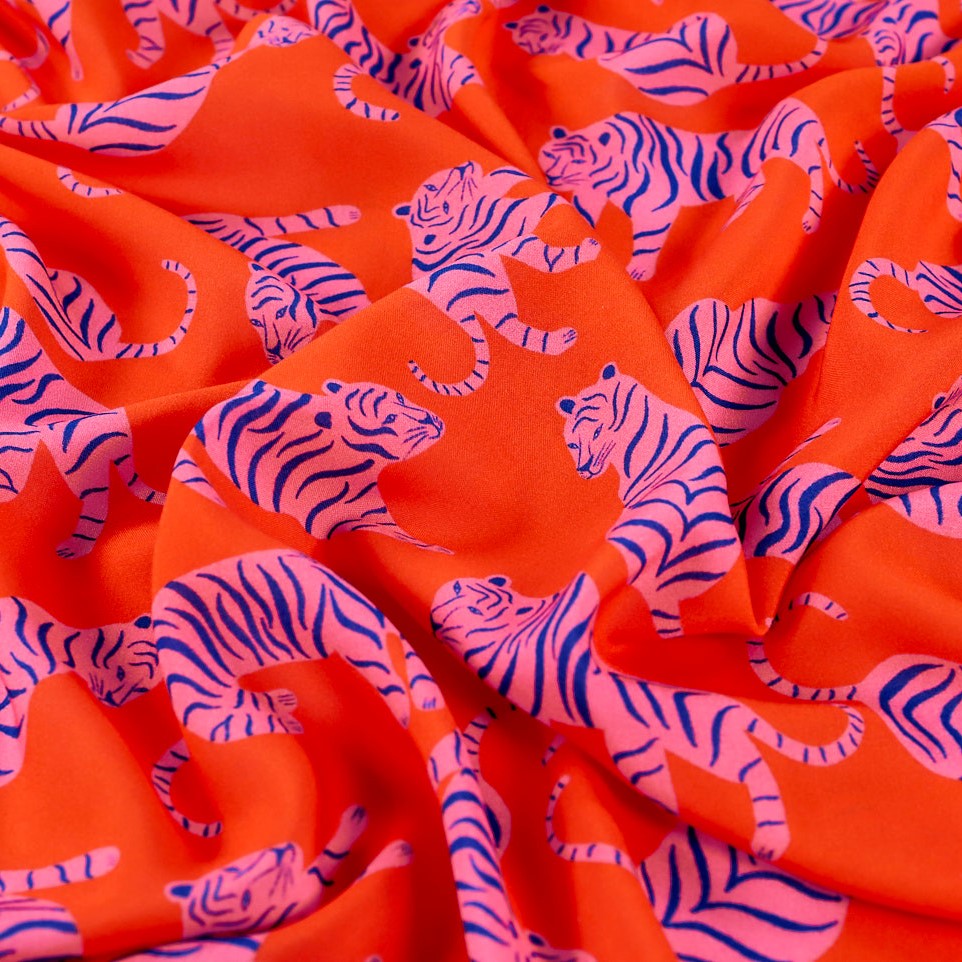 Fabric Godmother Milo Tiger Viscose Lawn in Orange and Pink