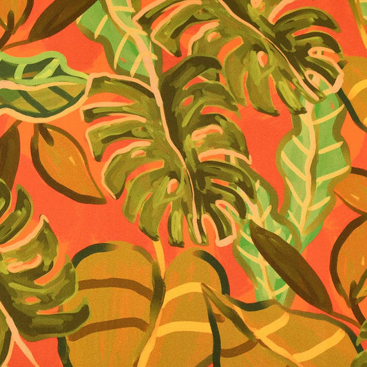 Jungle Leaf Viscose Crepe Deadstock in Orange and Green