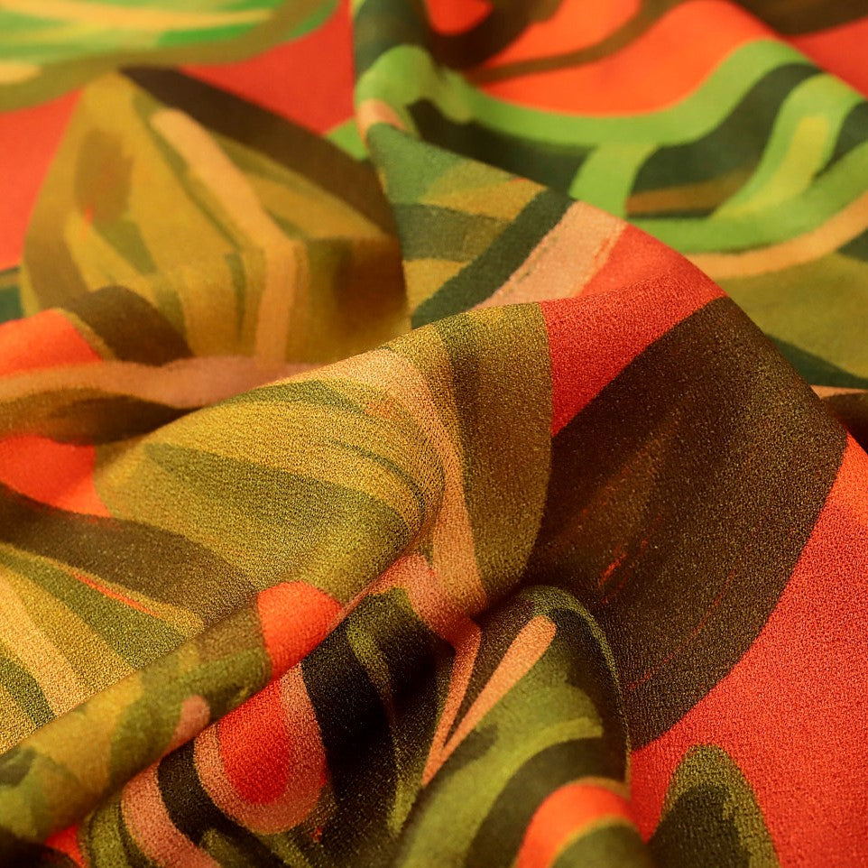 Jungle Leaf Viscose Crepe Deadstock in Orange and Green