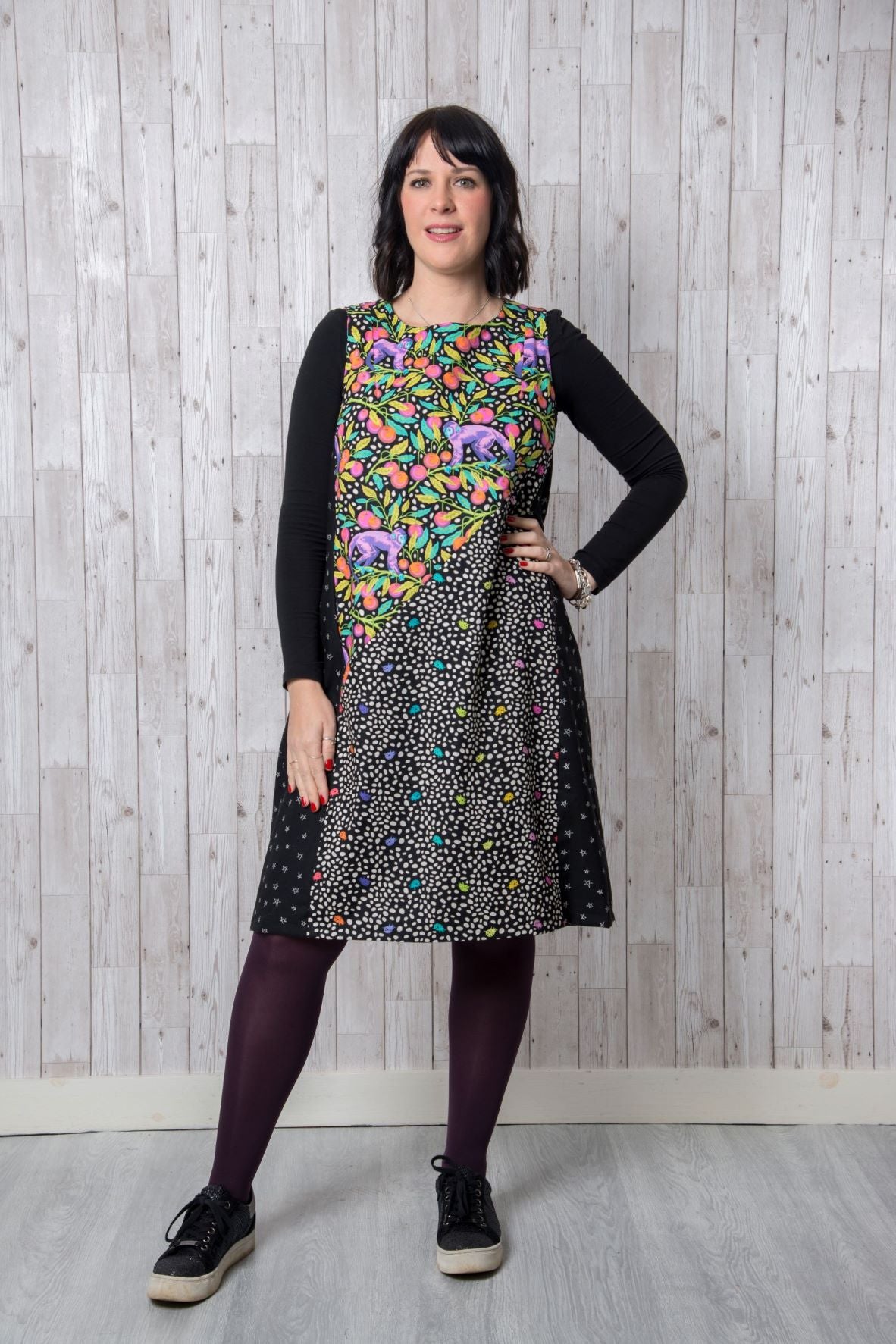 Sample Martha Dress in Black and Multi Coloured Monkey Cotton - Size 14