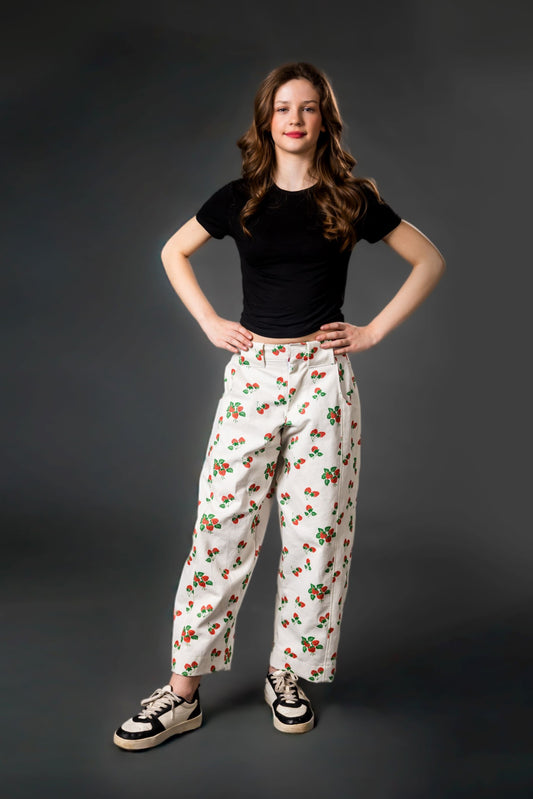 Sample Roan Trousers in Strawberry Print Cream Denim - Size 6