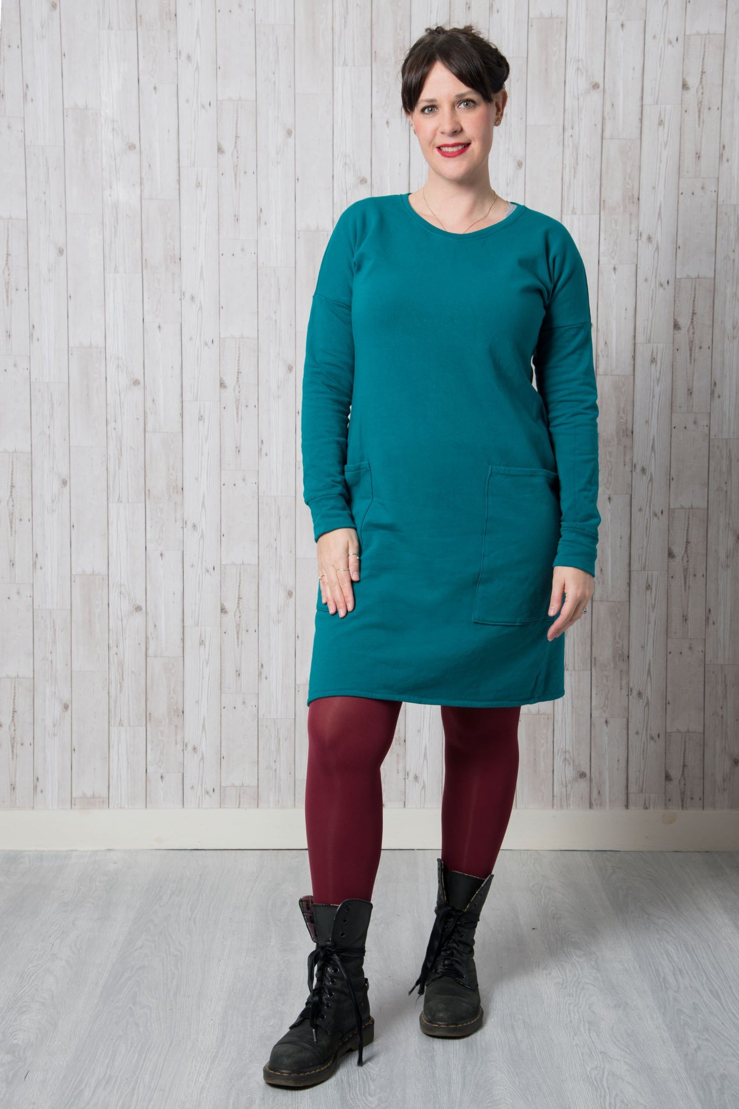 Sample Astrid Jumper Dress in Teal Brushed Back Sweatshirt - Size 16