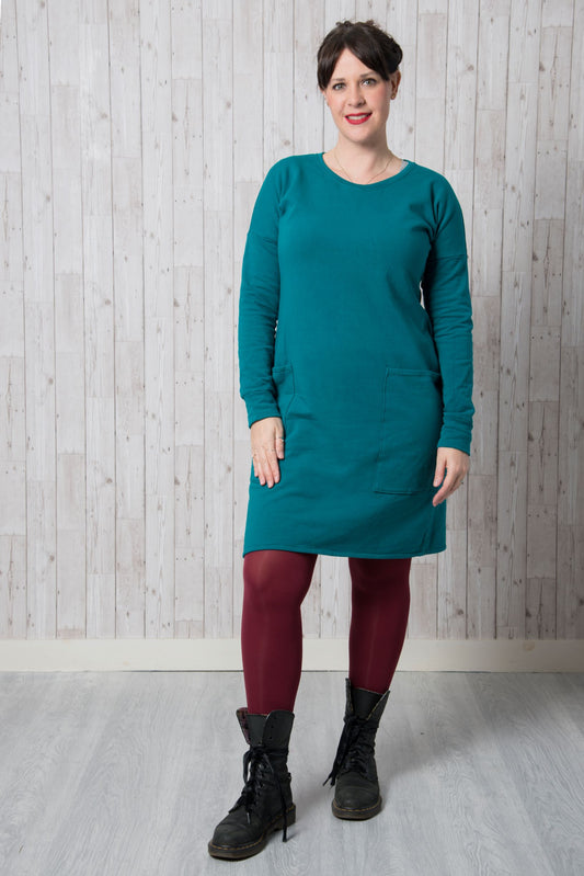 Sample Astrid Jumper Dress in Teal Brushed Back Sweatshirt - Size 16
