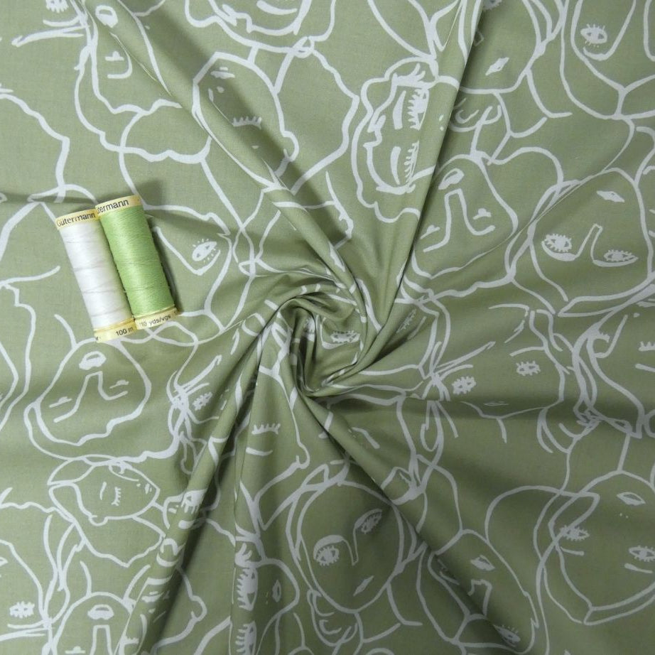 Lady McElroy Crowded Faces Cotton Lawn in Sage Green and White
