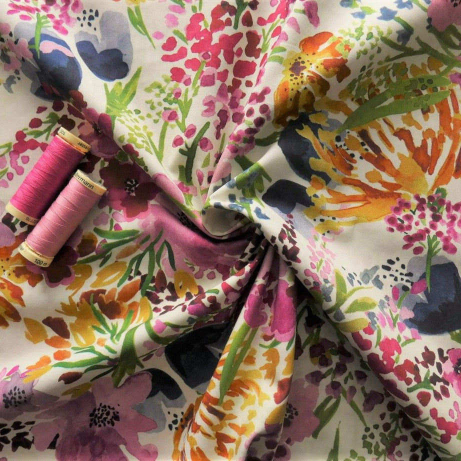 Lady McElroy Field of Flowers Viscose Challis in Cream and Pink