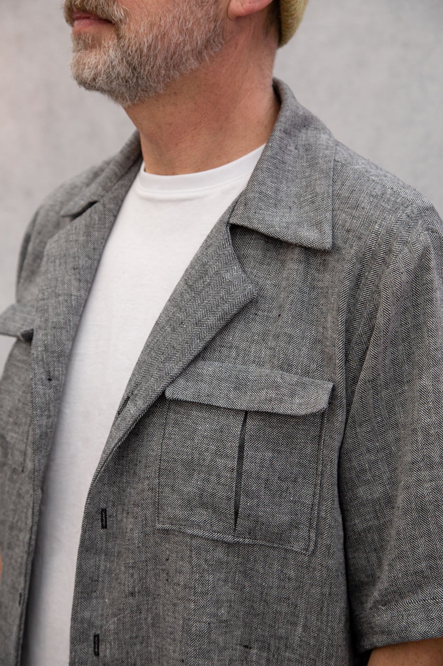 Sample Tony Shirt in Grey and Black Herringbone Linen Blend - Size 44" Chest