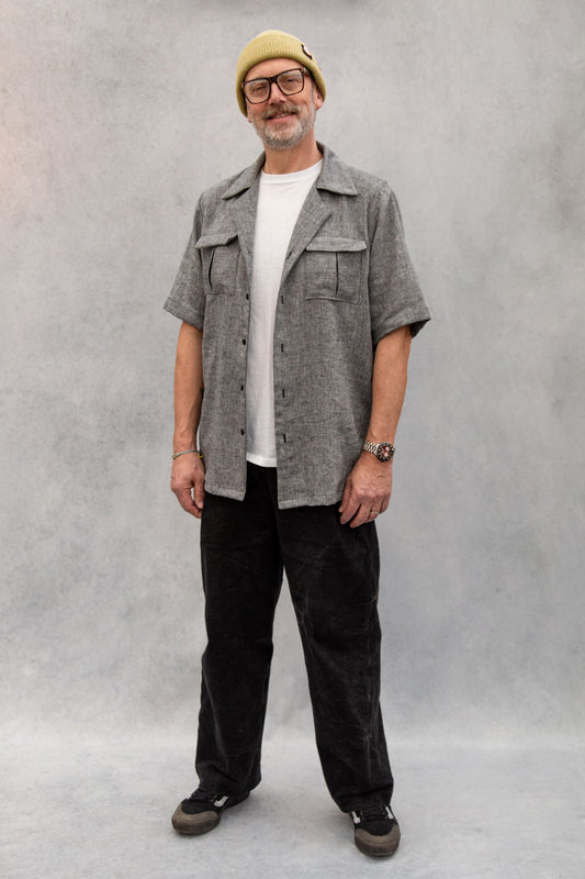 Sample Tony Shirt in Grey and Black Herringbone Linen Blend - Size 44" Chest