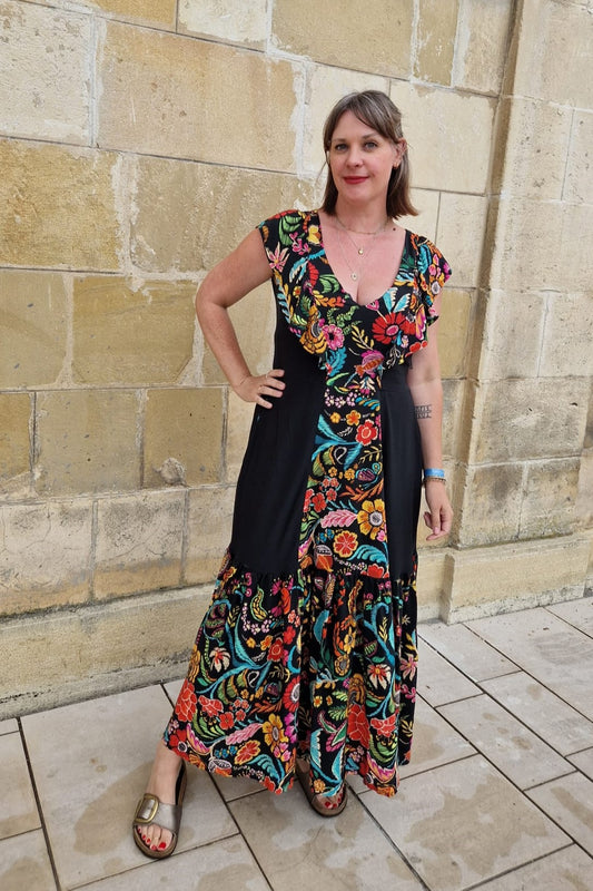 Sample Valentina Dress in Black and Floral Viscose - Size 16