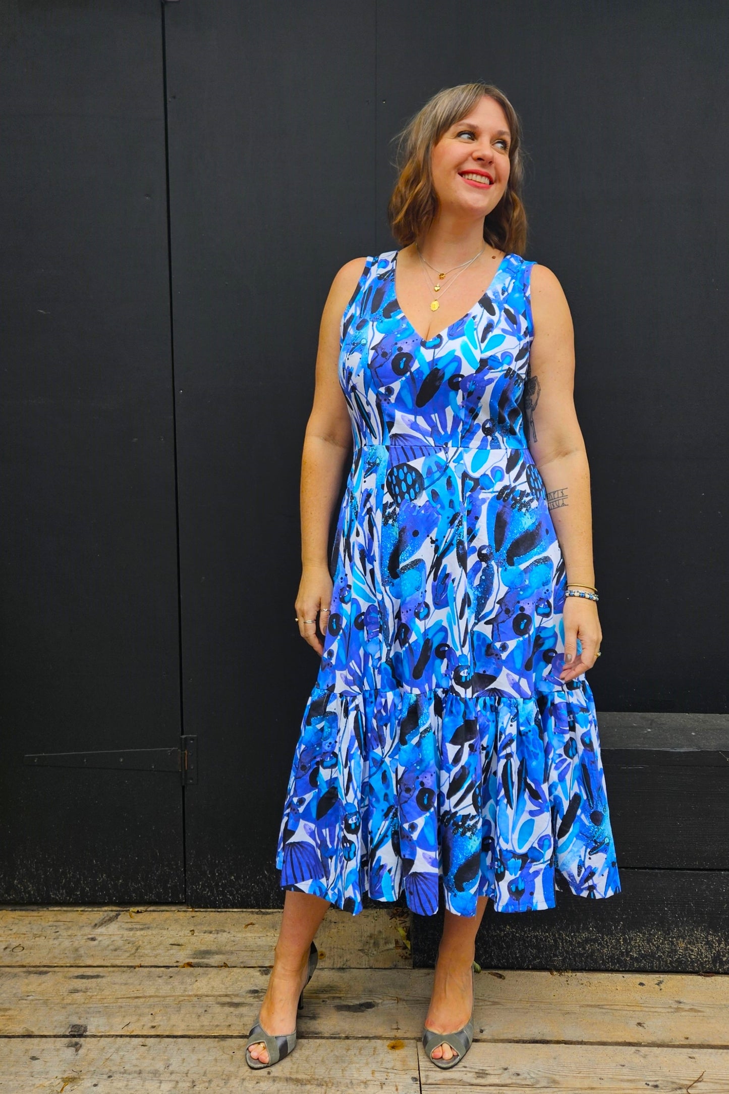Sample Valentina Dress in Blue and White Cotton Sateen - Size 16